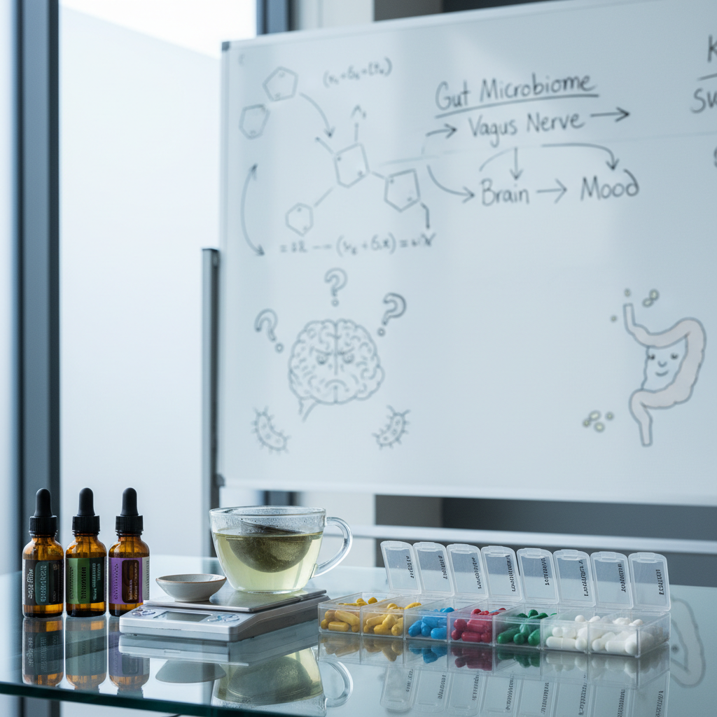 A sleek, glass laboratory table displays a precise still life: amber dropper bottles of essential oils, a small digital scale, neatly labeled pill organizers with colorful micronutrient capsules, and a transparent teacup steeping a pale green infusion. Behind them, a whiteboard filled with elegantly written equations, flow charts of gut-brain interactions, and playful doodles of a perplexed brain with question marks. Cool, diffused daylight from a large frosted window illuminates the scene, creating soft reflections on glass and metal. Captured from a slightly elevated angle, with sharp focus on the objects and a gentle blur on the whiteboard. The mood is thoughtful, modern and slightly humorous, in clean photographic realism with a subtle editorial feel.