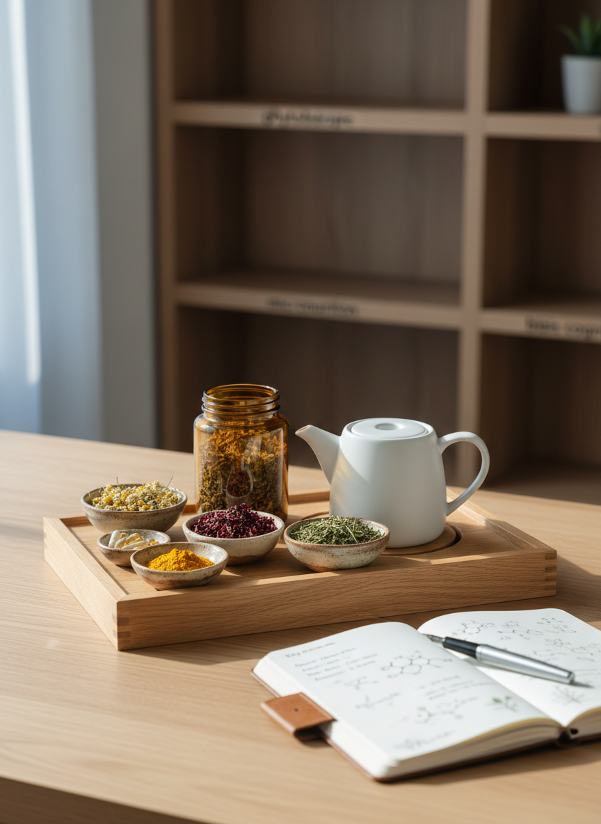 A meticulously arranged wooden tea tray holds a matte white porcelain teapot, an amber glass jar of herbal tisane, and small ceramic bowls overflowing with colorful dried plants: chamomile, hibiscus, rosemary, turmeric, magnesium capsules and omega-3 pearls. The tray rests on a clean oak desk beside an open notebook filled with neat handwritten formulas and tiny doodles of molecules. Soft morning daylight from an unseen window washes the scene in a gentle, cool glow, casting crisp yet delicate shadows. Shot at eye level with a shallow depth of field so the background of blurred bookshelves labeled “phytothérapie”, “micronutrition” and “biais cognitifs” softly recedes. Photographic realism with a sophisticated, calm, analytical atmosphere that hints at both tradition and scientific rigor.